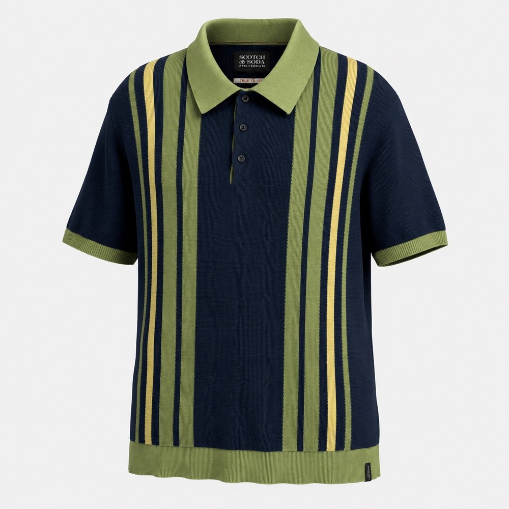 Scotch & Soda XXL Atlantic Blue Knitted Striped Cotton Regular Fit Polo Shirt